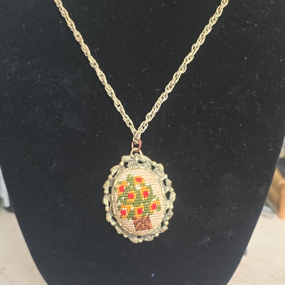 Gold-Tone Floral Embroidered Oval Pendant Necklace - Pink & Green